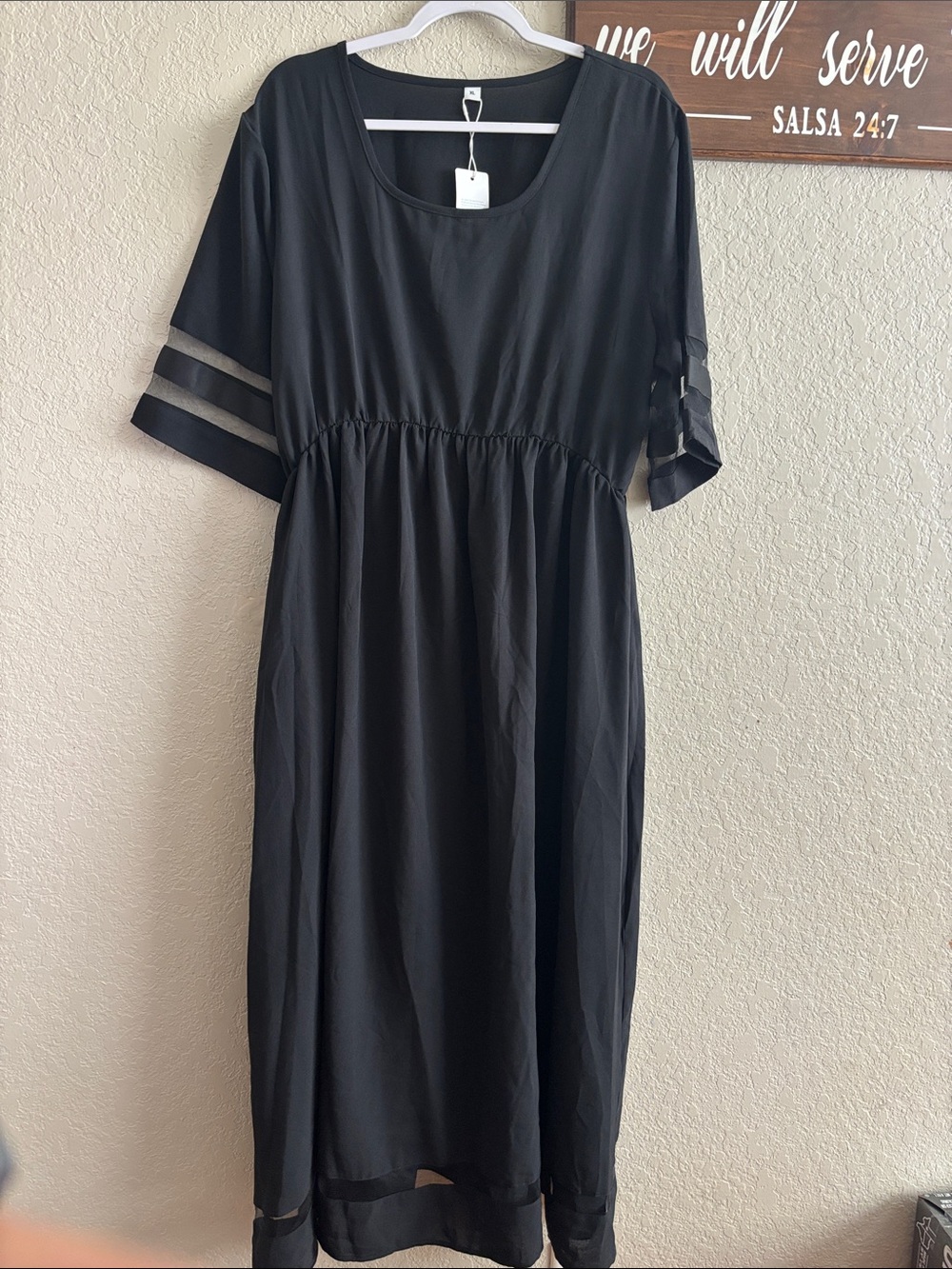Black Women's Scoop Neck Midi Dress with Sheer Sleeve Stripes